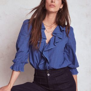 Eliza Ruffle V-Neck Blouse-Denim Blue
