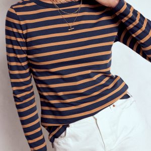 Olivia Long Sleeve Breton-Navy. Camel Stripe