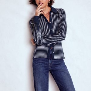 Collared Button Through Top-Navy and Ivory Stripe