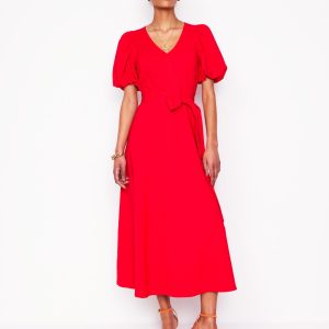 Volume Sleeve Midi Dress-Poppy Red