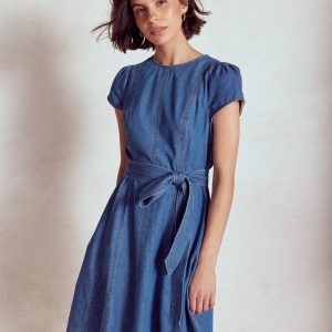 Imo Denim Godet Short Dress-Mid Vintage Denim