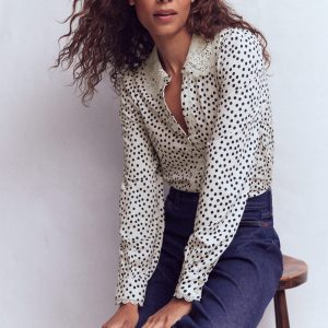 Lace Collar Blouse-Ivory. Painted Dot