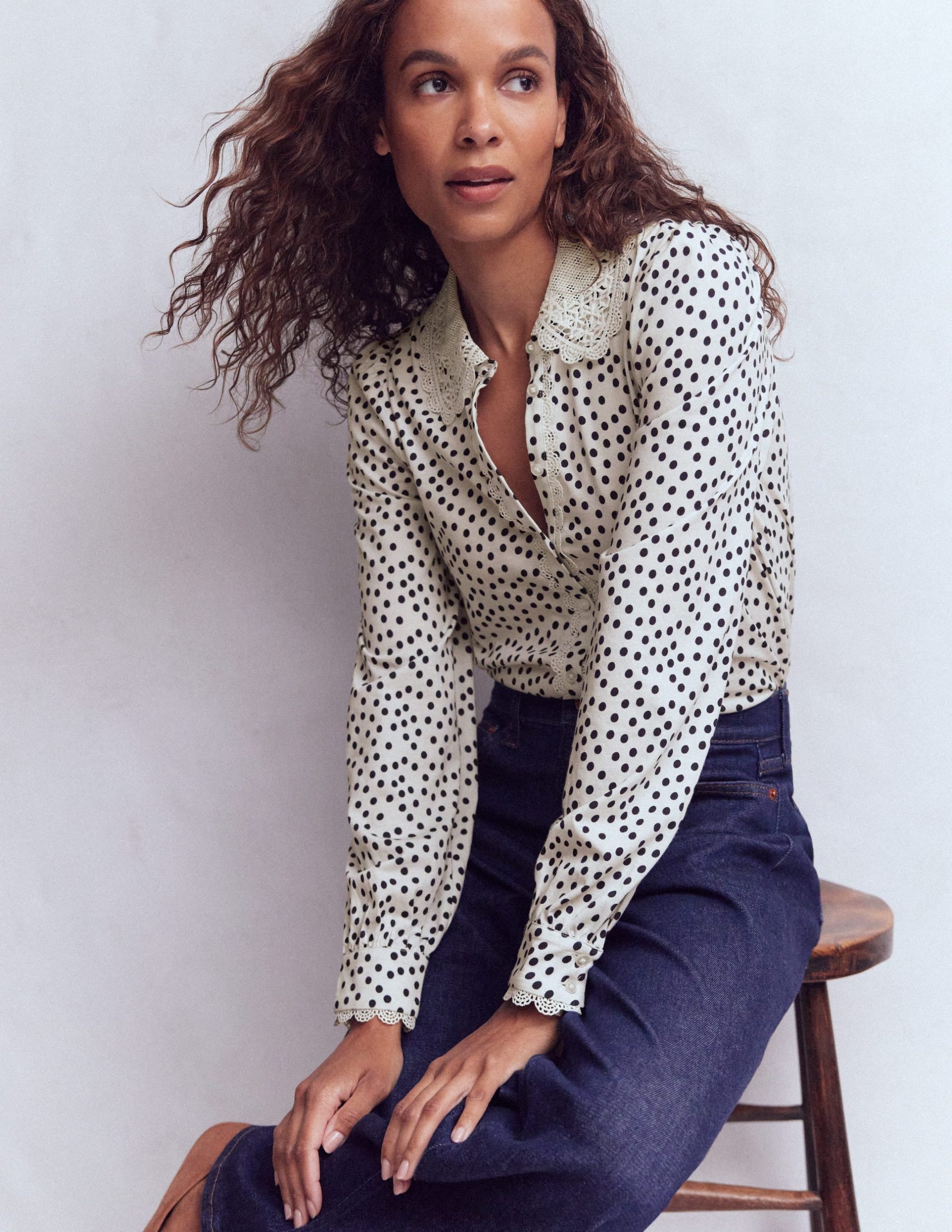 Lace Collar Blouse-Ivory. Painted Dot