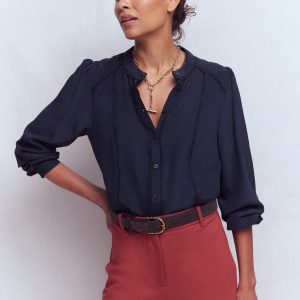 Rhea Trim Detail Silk Top-Denim Blue. Blossomy Sprig