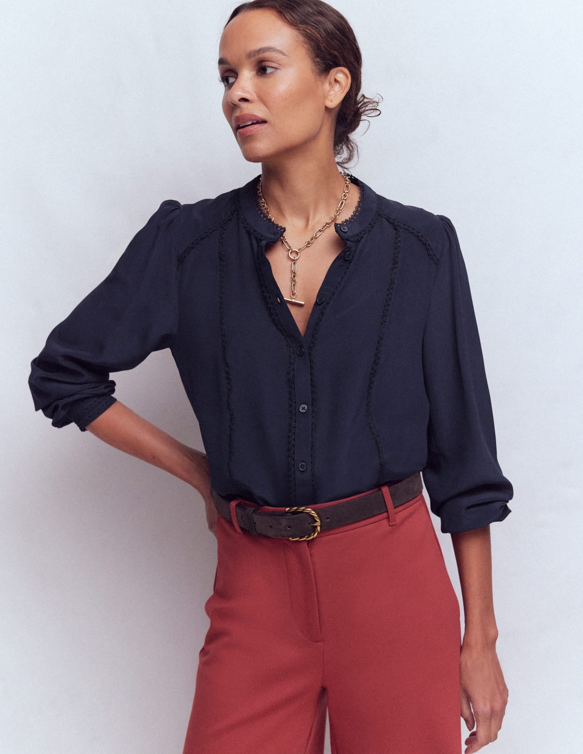 Rhea Trim Detail Silk Top-Denim Blue. Blossomy Sprig