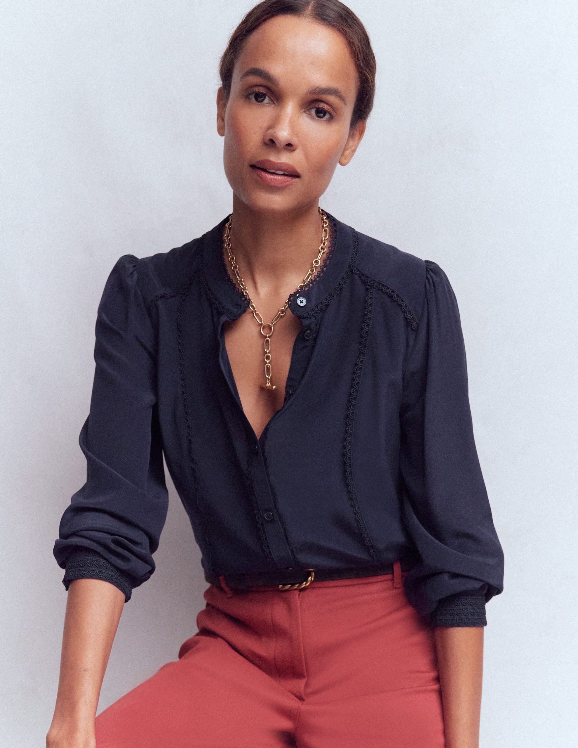 Rhea Trim Detail Silk Top-Denim Blue. Blossomy Sprig - Image 4