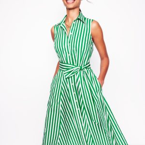 Amy Sleeveless Shirt Dress-Rich Emerald Stripe
