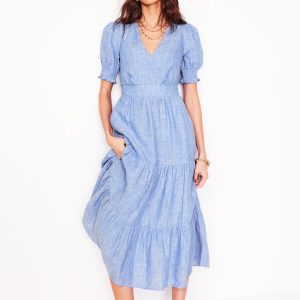 Anna Linen Tiered Midi Dress-Summer Blue Chambray