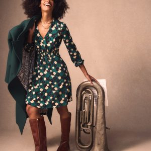 Sarah Short Jersey Dress-Emerald Night. Garden Blossom