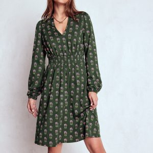 Sarah Short Jersey Dress-Winter Moss. Woodblock Floral