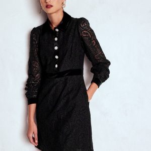 Collar Button Lace Dress-Black