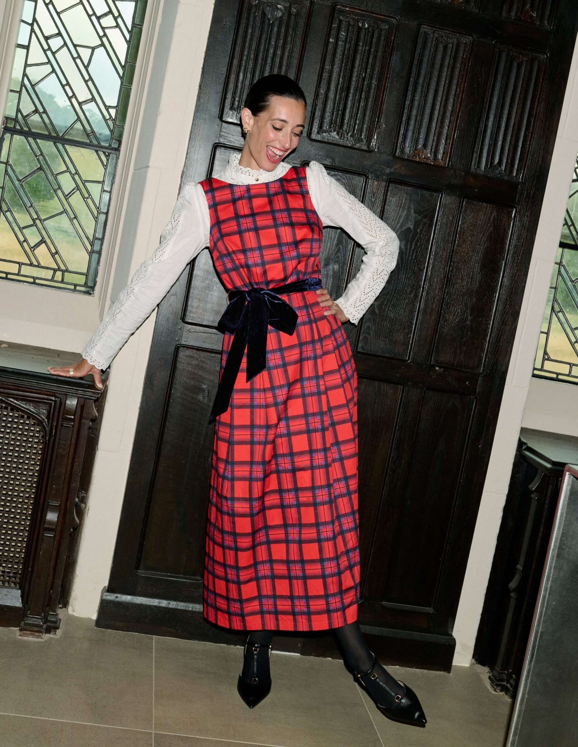 Scoop Back Check Dress-Red. Navy and Purple Check - Image 5