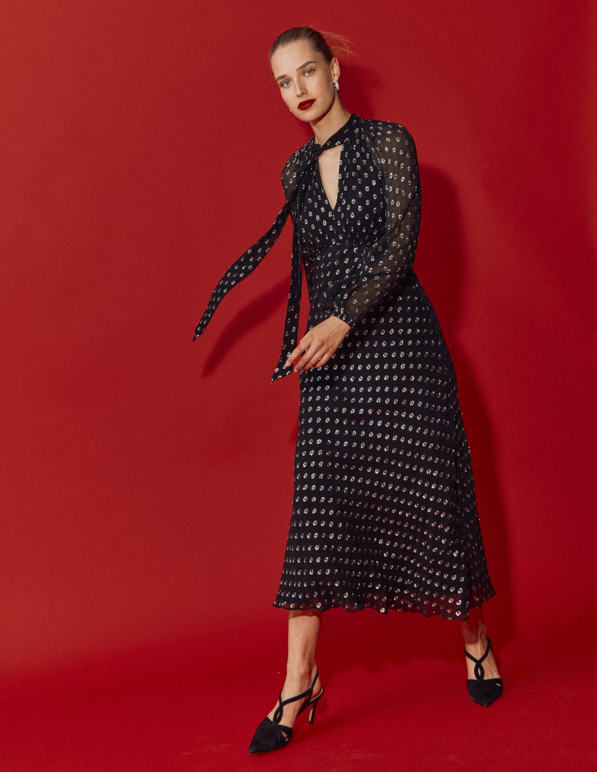 Tie Neck Midi Dress-Black and Silver Clip - Image 6