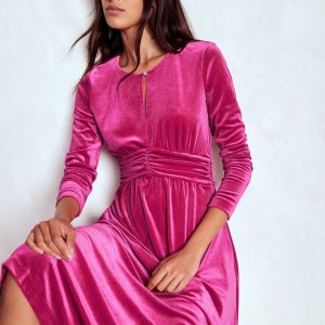 Tilda Velvet Midi Dress-Vibrant Pink