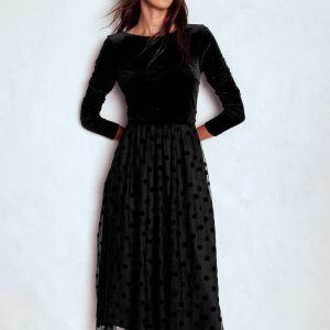 Velvet Bodice Jersey Dress-Black