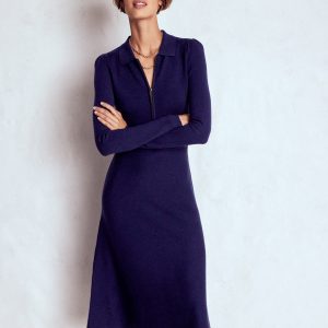 Fiona Zip Front Knitted Dress-Navy