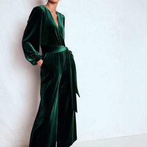 Jersey Velvet Wrap Jumpsuit-Emerald Night