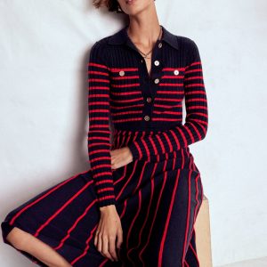 Br?nte Knitted Rib Shirt Dress-Navy and Red Stripe