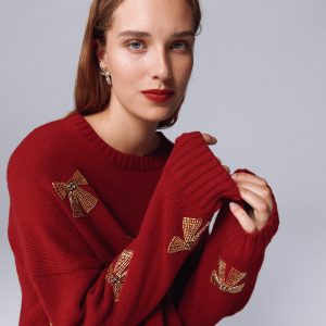Natalie Embroidered Sweater-Red. Embellished Bows