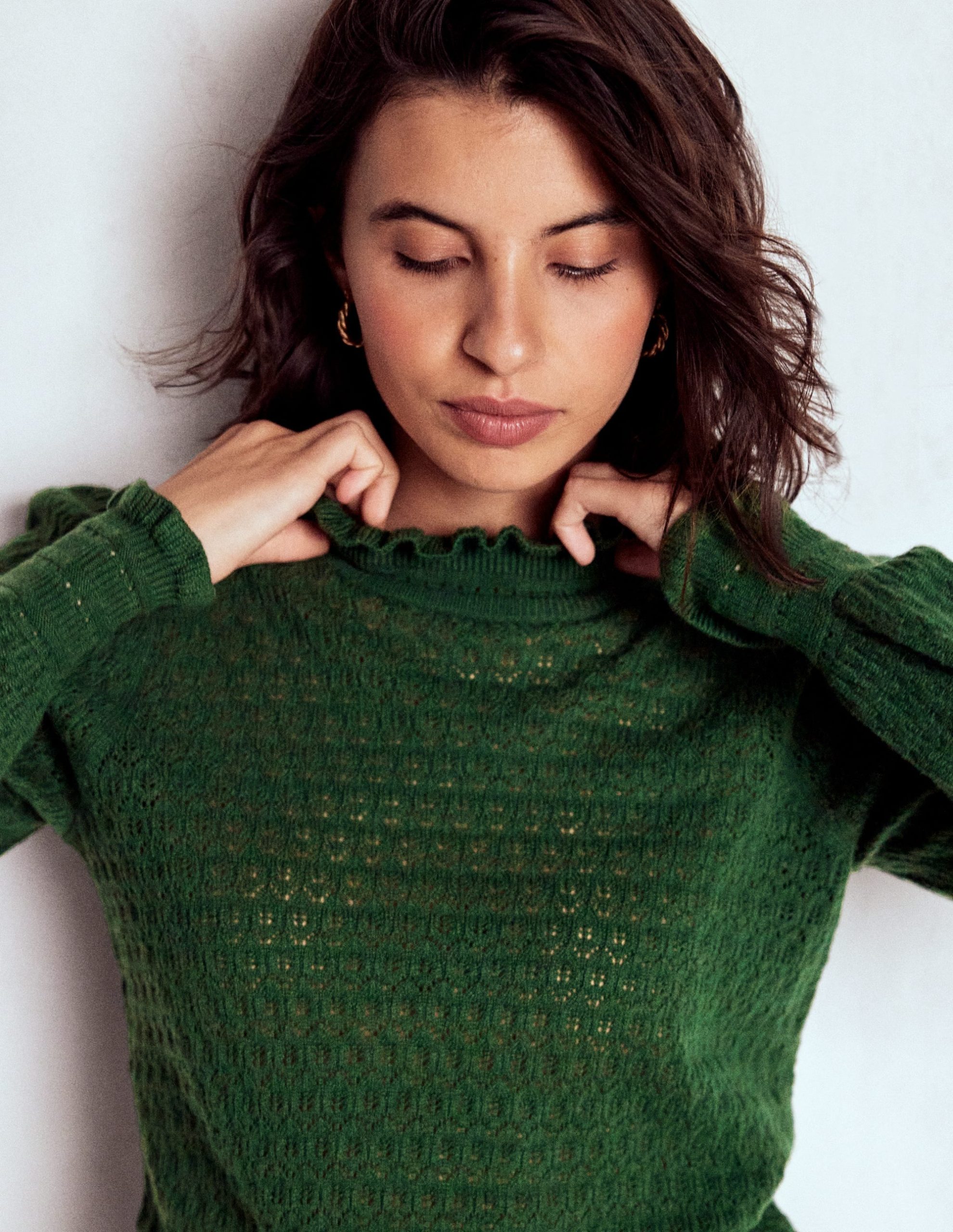 Pointelle Ruffle Sweater-Hunter Green - Image 2
