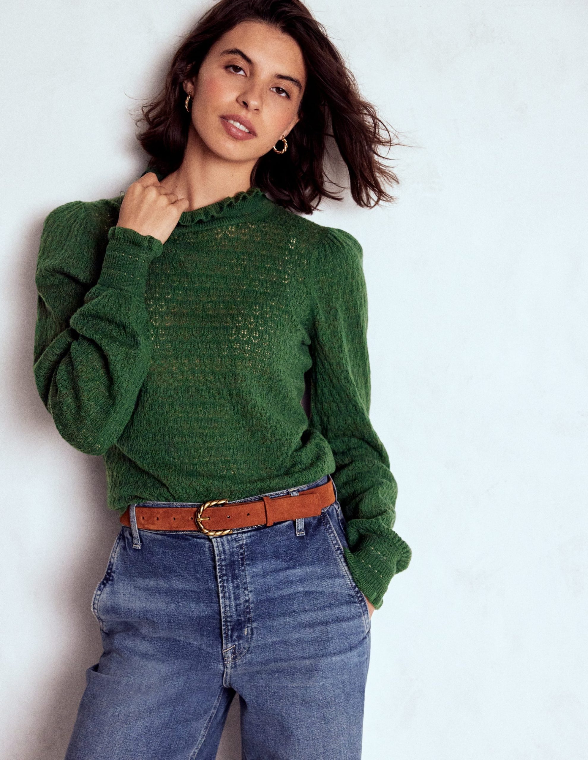 Pointelle Ruffle Sweater-Hunter Green - Image 4