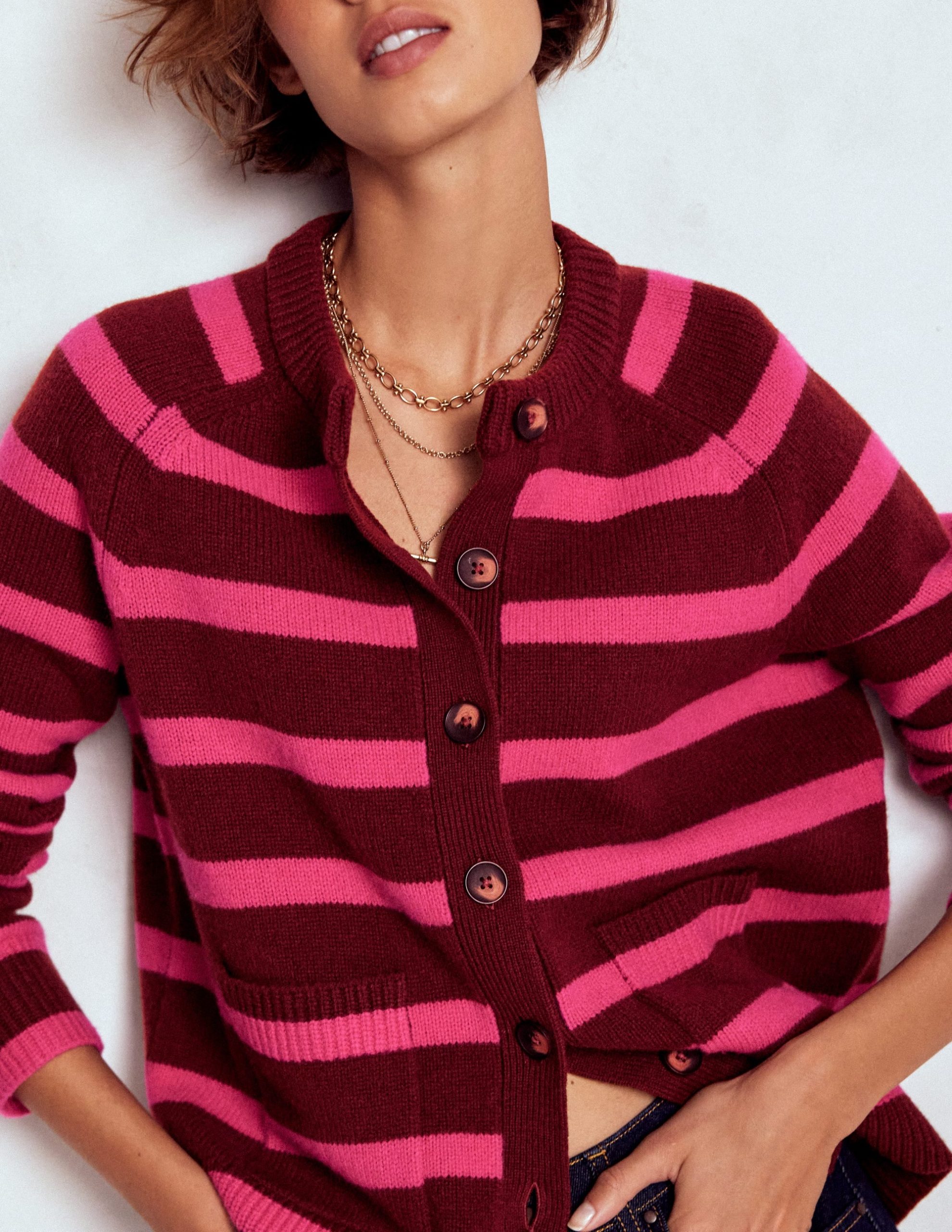 Marion Merino Cardigan-Raw Umber. Brilliant Pink - Image 2