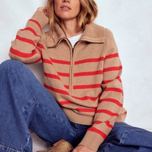 Lucy Half-zip Sweater-Camel Melange. Red Stripe