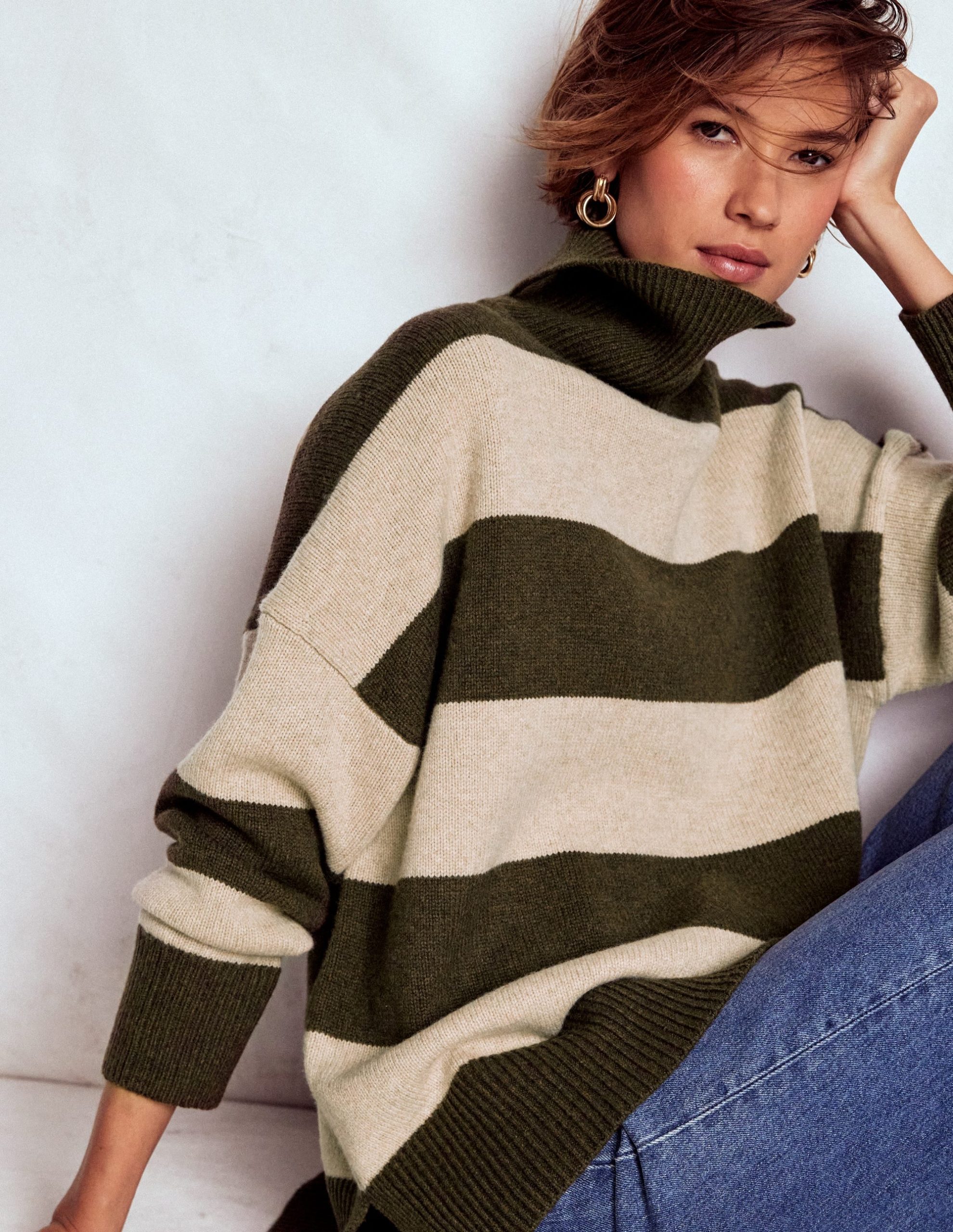 Polly Merino Roll Neck Sweater-Marsh. Linen Stripe