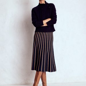 Liz Knitted Midi Skirt-Navy and Camel Stripe
