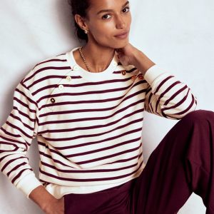 Button Detail Sweatshirt-Deep Wisteria. Ivory