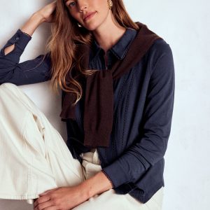 Picot Trim Jersey Shirt-Navy