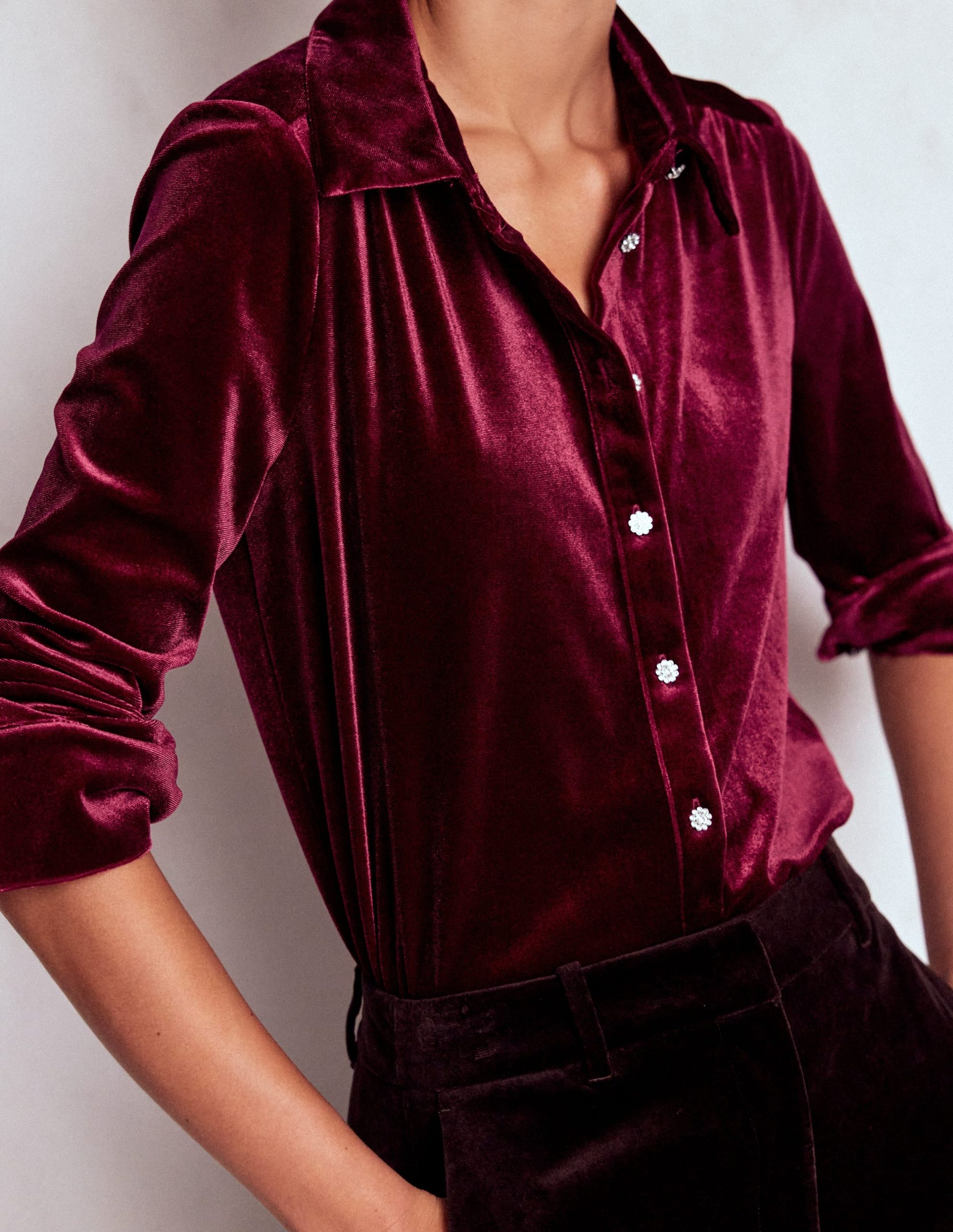 Jewel Button Velvet Shirt-Ruby Red - Image 2