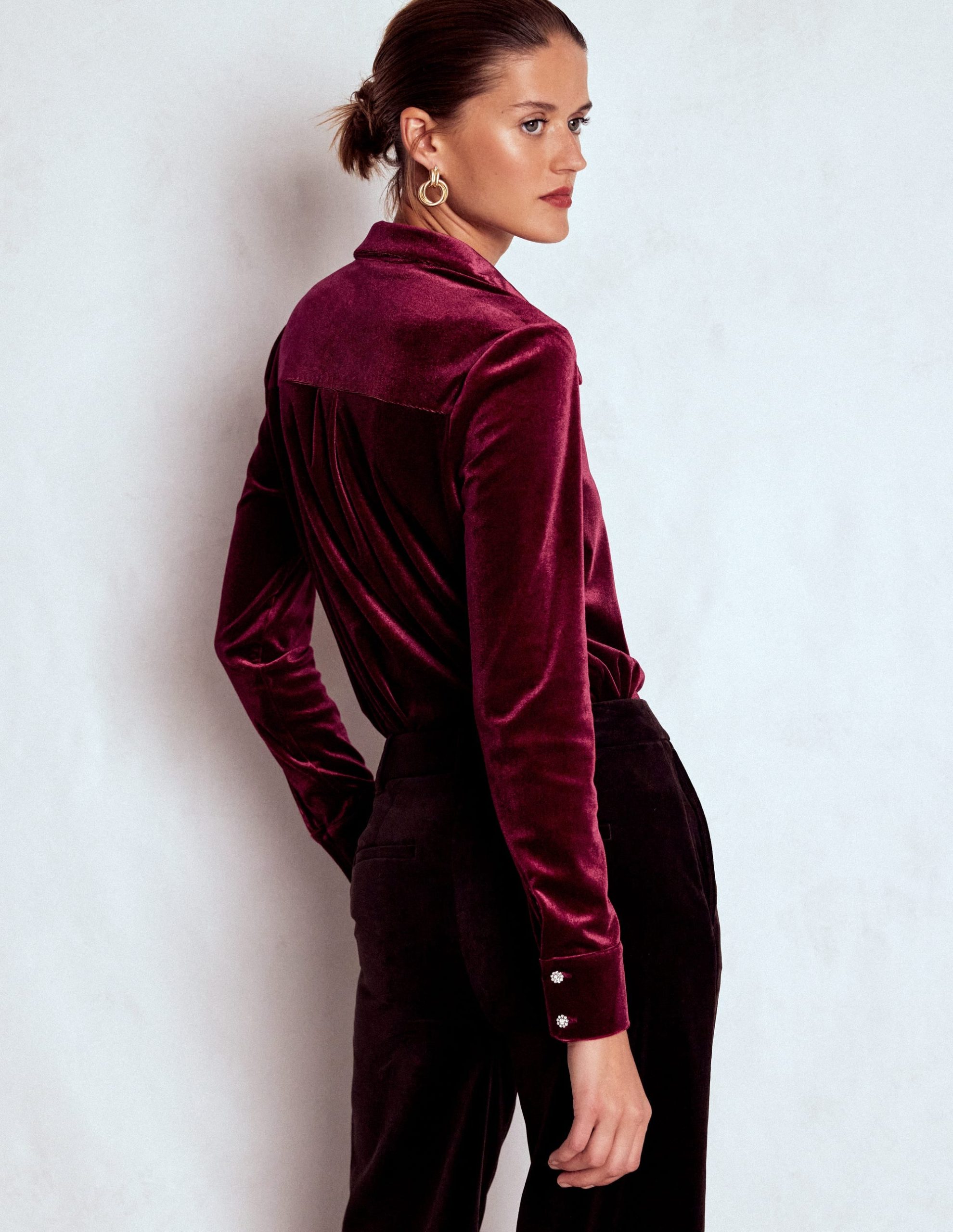 Jewel Button Velvet Shirt-Ruby Red - Image 3