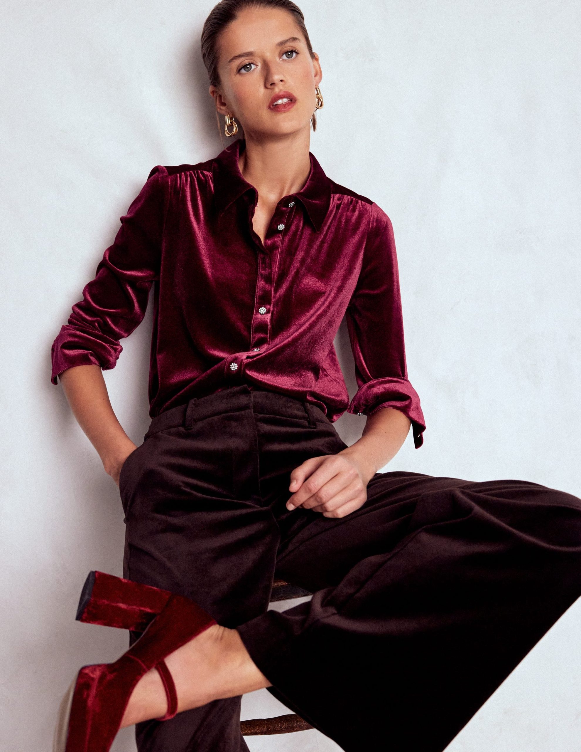 Jewel Button Velvet Shirt-Ruby Red - Image 4