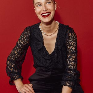 Ruffle Detail Lace Blouse-Black