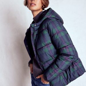 Padded Puffer Coat-Navy & Green Tonal Check