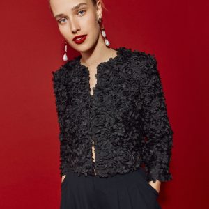 Petal Textured Cropped Jacket-Black. Petal Tulle