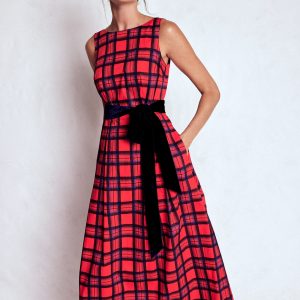 Scoop Back Check Dress-Red. Navy and Purple Check