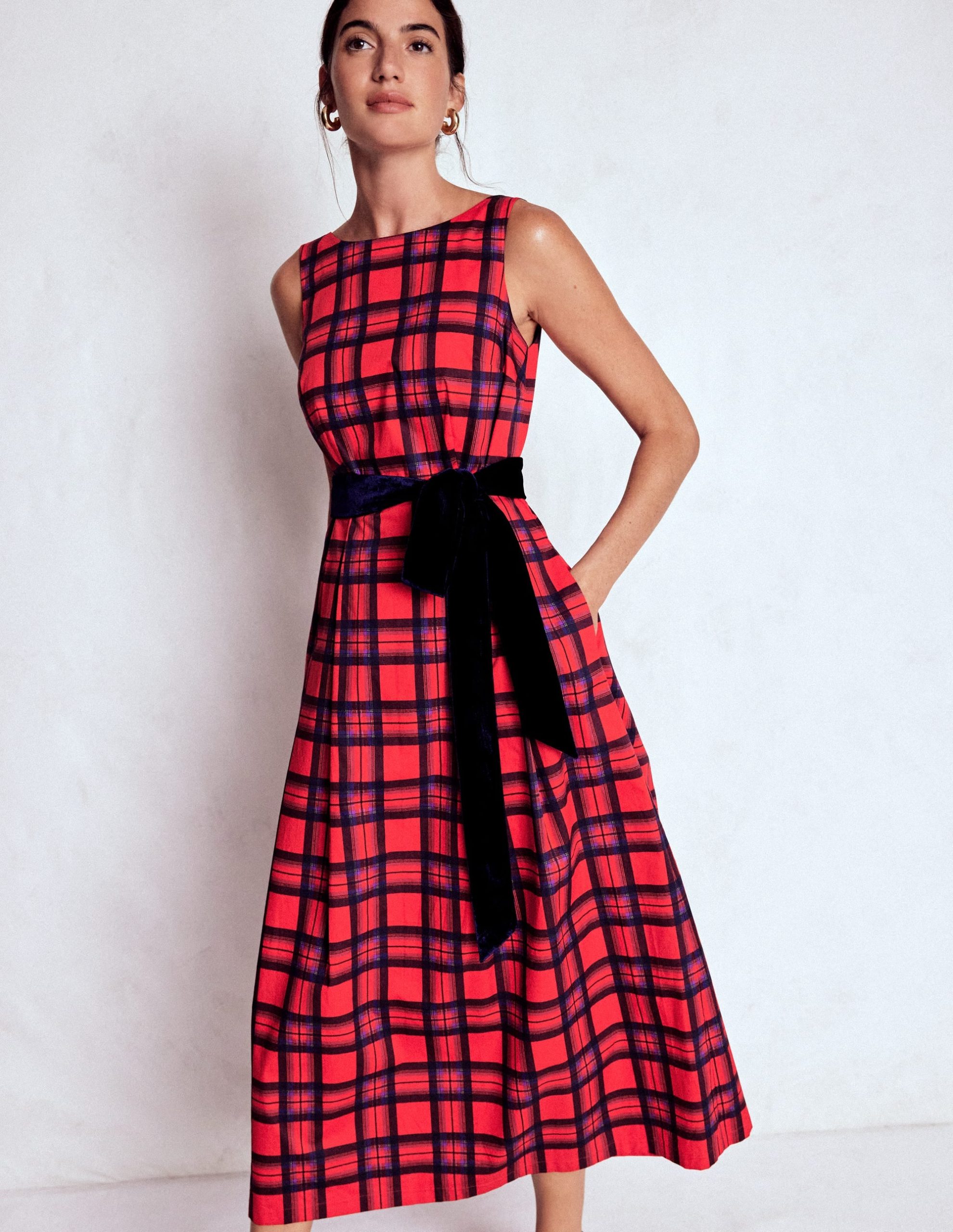 Scoop Back Check Dress-Red. Navy and Purple Check