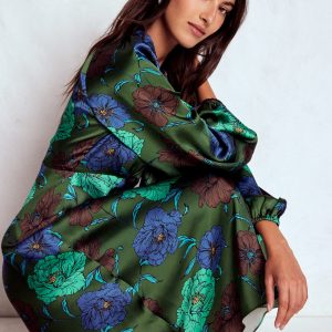 Tie Neck Satin Midi Dress-Green Fir. Peony Bloom