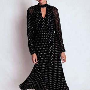 Tie Neck Midi Dress-Black and Silver Clip