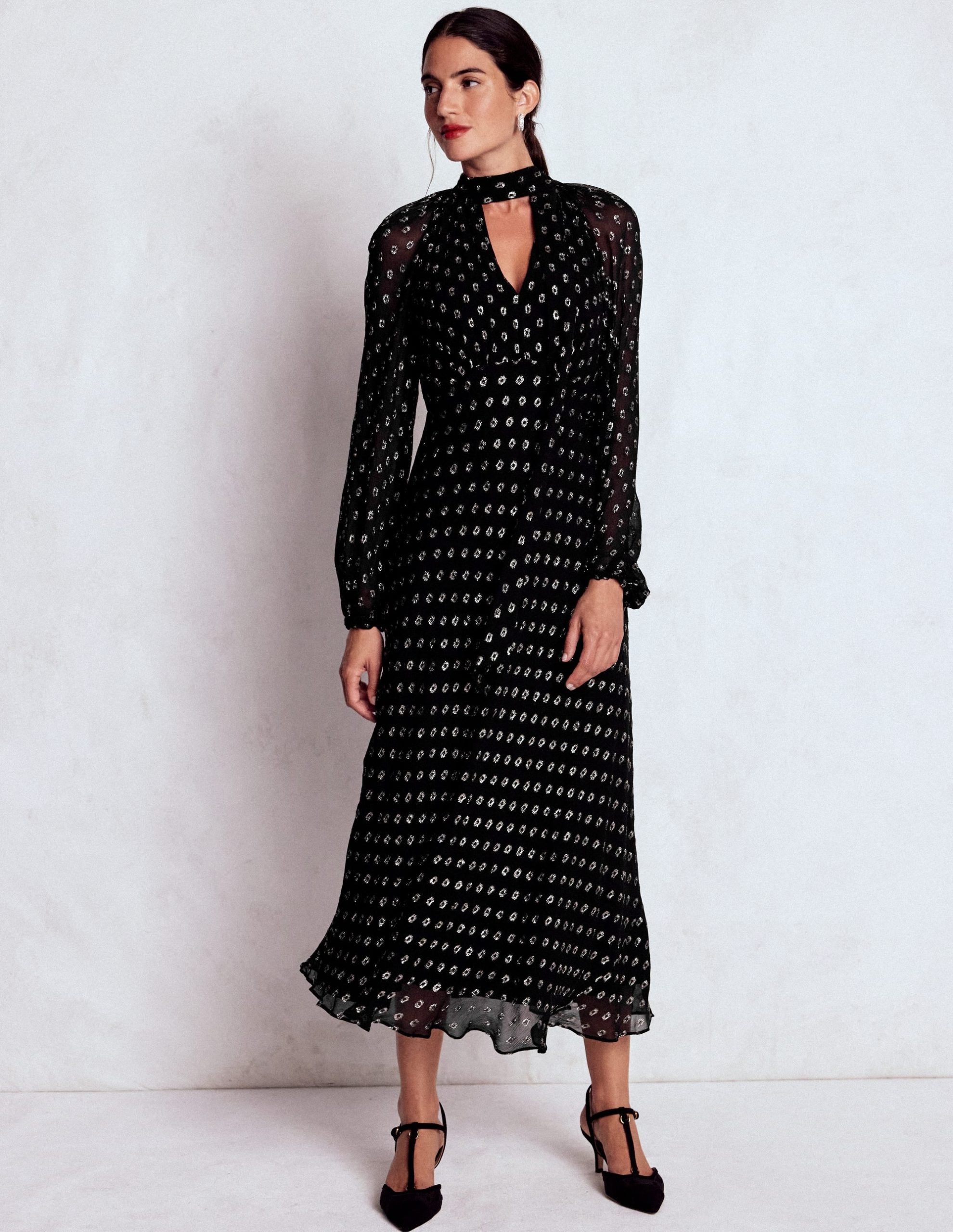 Tie Neck Midi Dress-Black and Silver Clip - Image 4