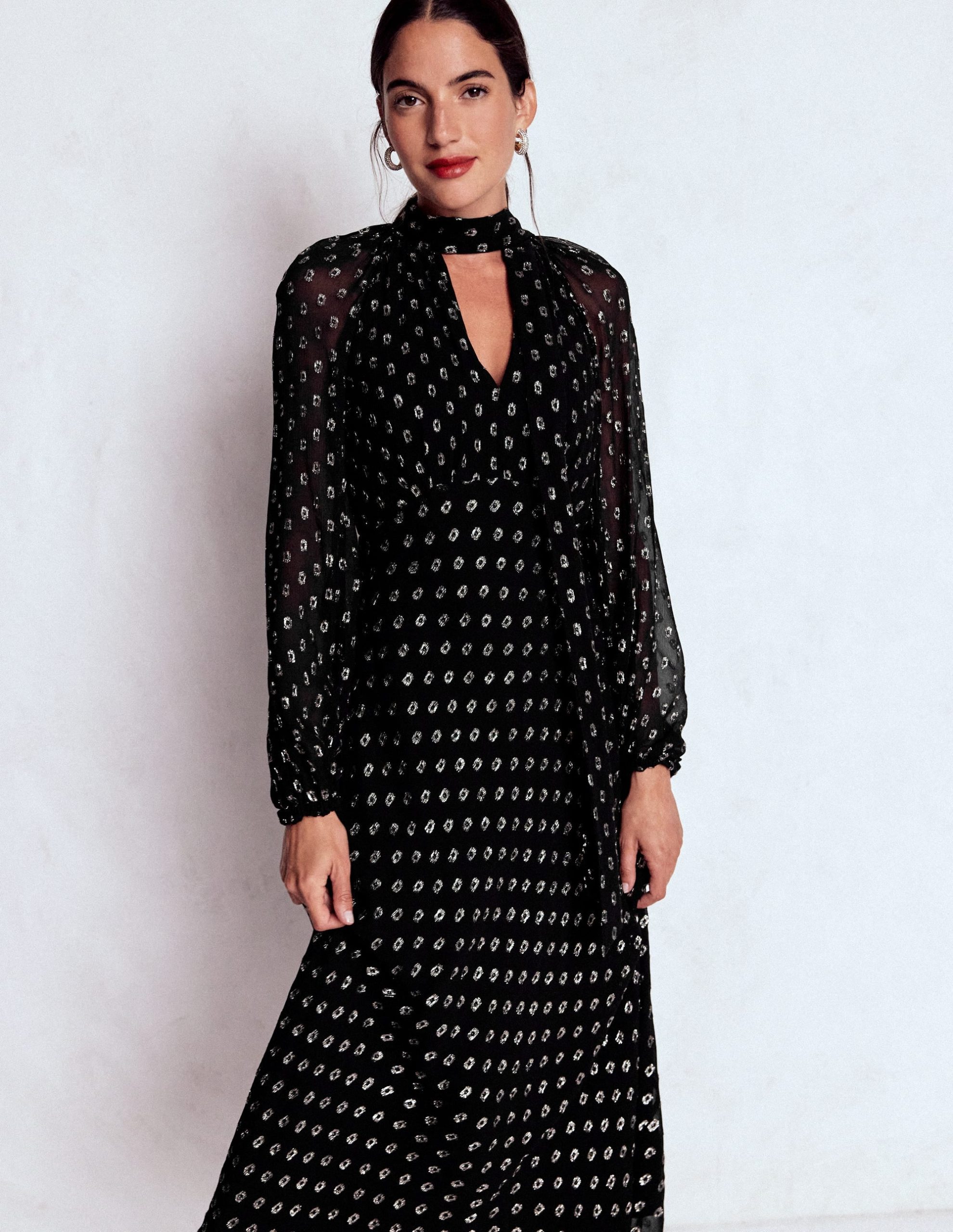 Tie Neck Midi Dress-Black and Silver Clip - Image 5