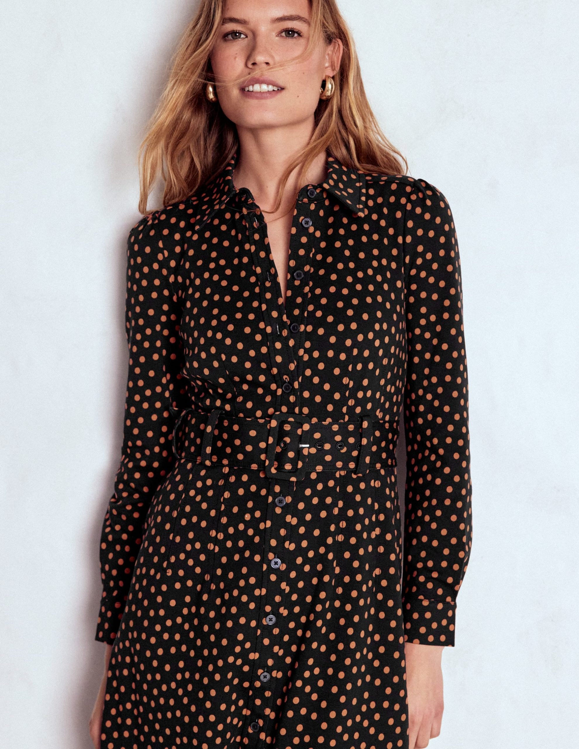 Anita Long Sleeve Shirt Dress-Black. Painted Dot