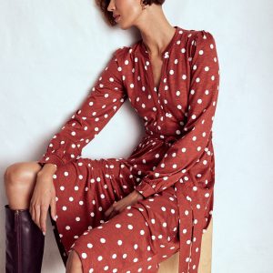 Naomi Long Sleeve Jersey Dress-Burnt Orange. Painted Dot
