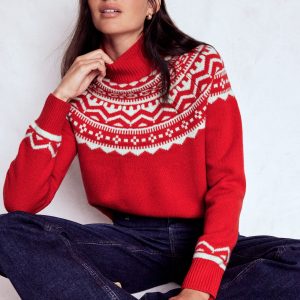Marion Merino Rib Neck Sweater-Poppy Red Fair Isle