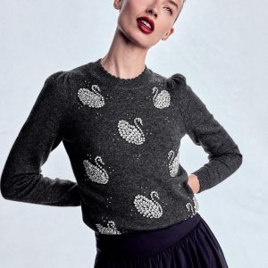 Elizabeth Embellished Sweater-Charcoal Melange Swans