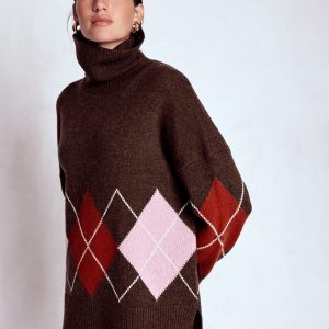 Polly Merino Roll Neck Sweater-Brown. Pink Argyle