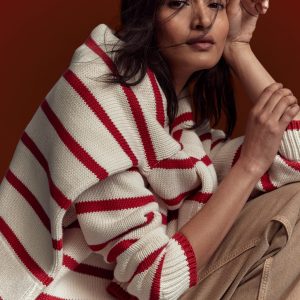 Lucy Oversized Cotton Jumper-Ivory. Red Stripe