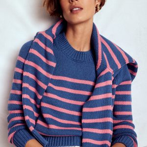 Lucy Chunky Cotton Sweater-Blue. Pink Stripe